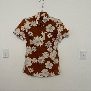 Lucky Brand Brown & White Floral Print Half Button Shirt